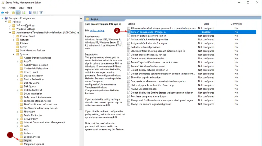 Enable Fingerprint Login with GPO on Windows Server 2016